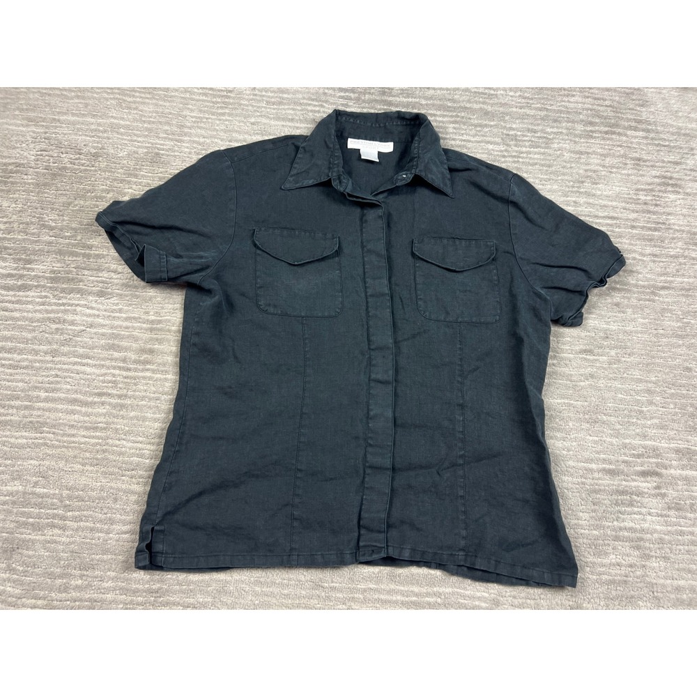 Preston & York Sport Shirt Women 10 Black Linen Button‎ Down Short Sleeve Pocket